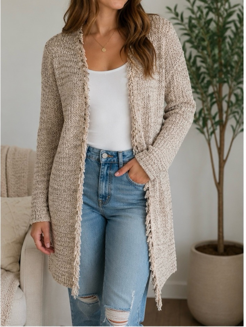 Peck & Peck Women’s Sweater Cardigan Fringe Trim Neutral Long Sleeve Small Knit